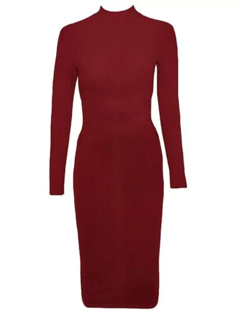 Turtleneck Rayon Long Sleeve Bandage Ribbed Bodycon Dress