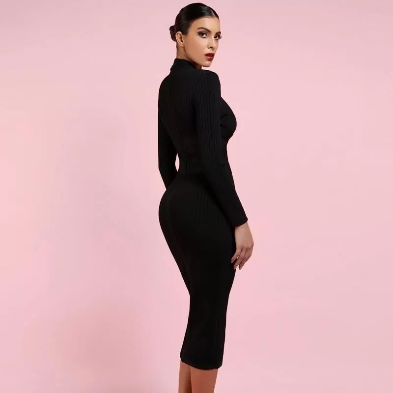 Turtleneck Rayon Long Sleeve Bandage Ribbed Bodycon Dress