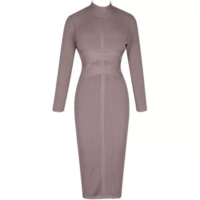 Turtleneck Rayon Long Sleeve Bandage Ribbed Bodycon Dress