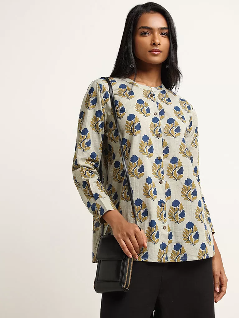 Utsa Indigo Floral Print Cotton Tunic