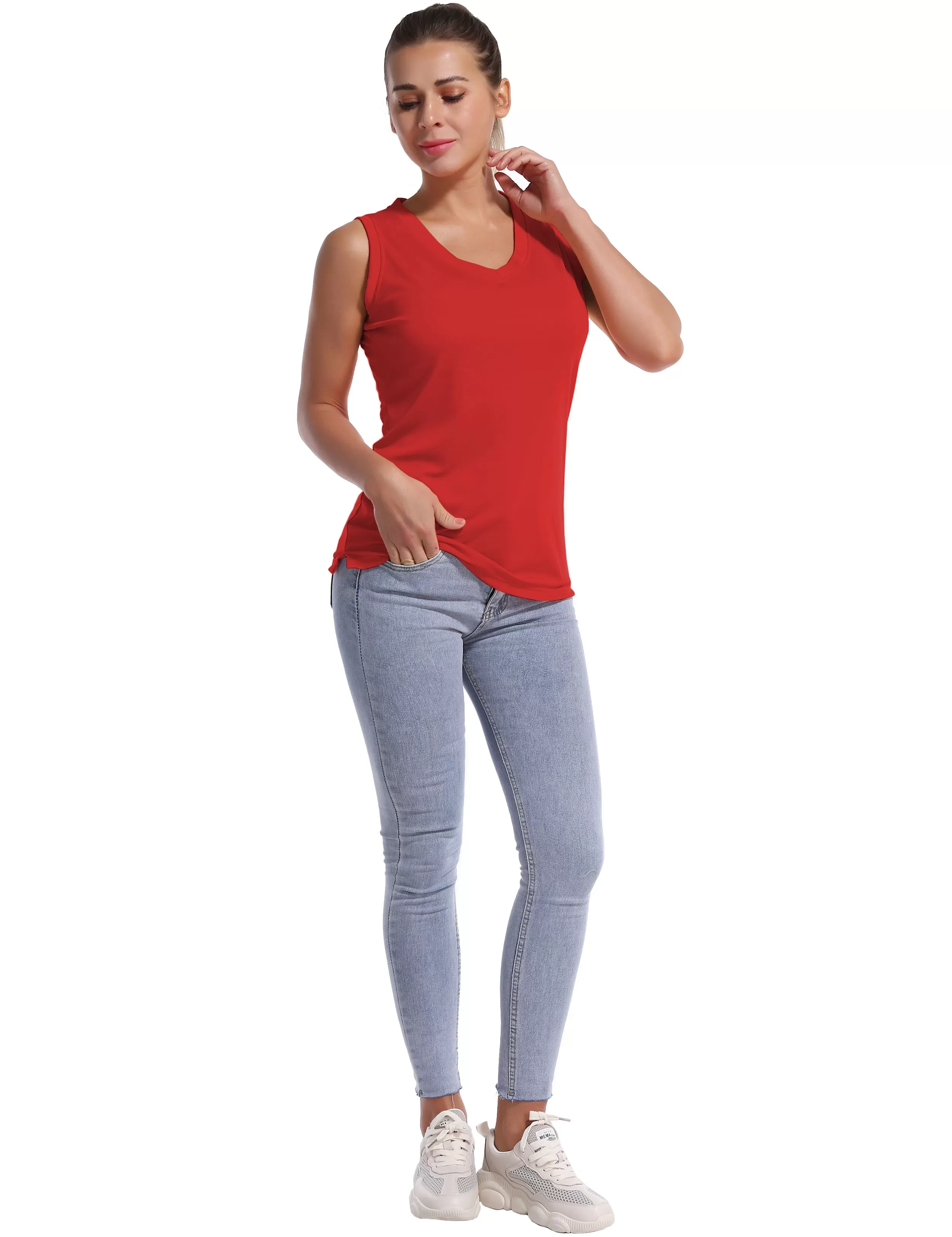 V Neck Sleeveless Athletic Shirts red_yogastudio