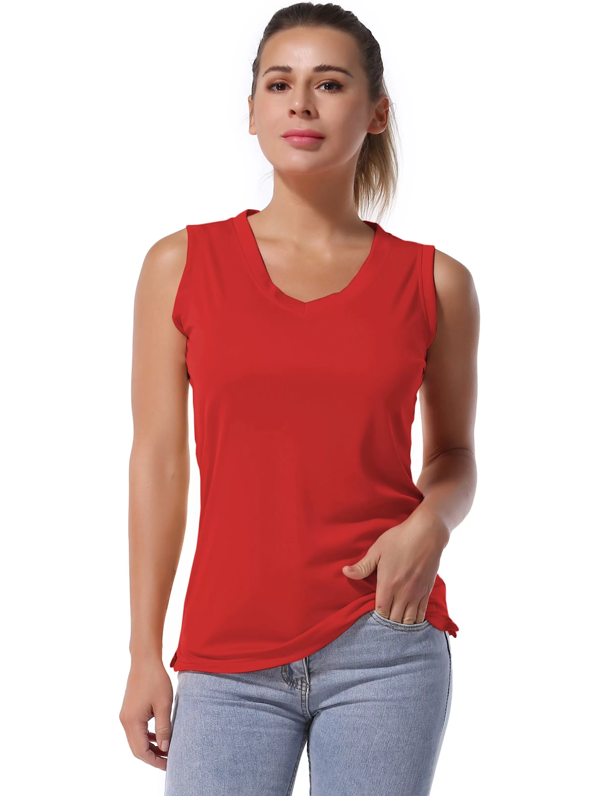 V Neck Sleeveless Athletic Shirts red_yogastudio