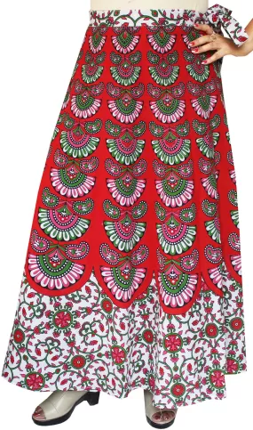 Women's Printed Long Cotton Wrap Around India Skirt (Red, One Size)