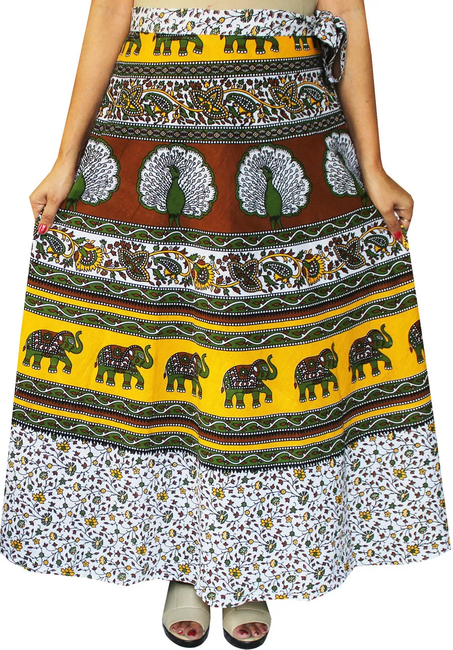 Women's Printed Long Cotton Wrap Around India Skirt (Yellow, One Size)